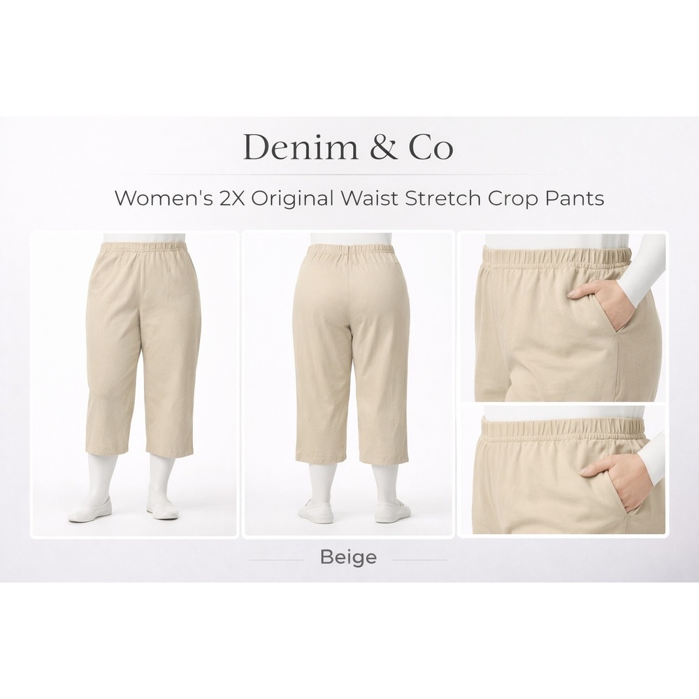 Denim & Co Womens 2X Original Waist Stretch Crop Pants Beige Side Pockets A14925
